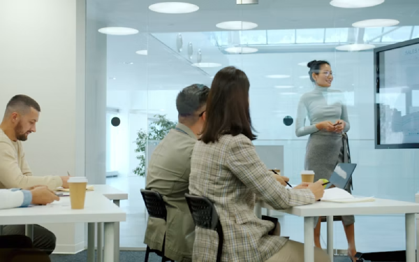 Two colleagues discussing while looking at a laptop in an office